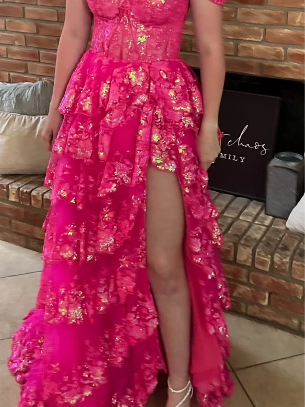 Sherri Hill Hot Pink Ruffled High-Leg Evening Gown